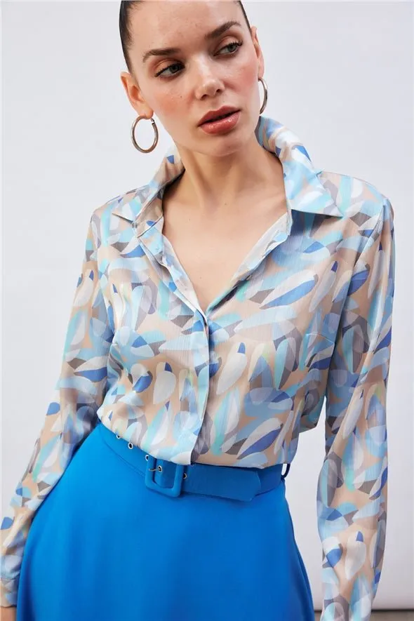 Patterned Satin Silk long button down Shirt - Baby Blue-Multi