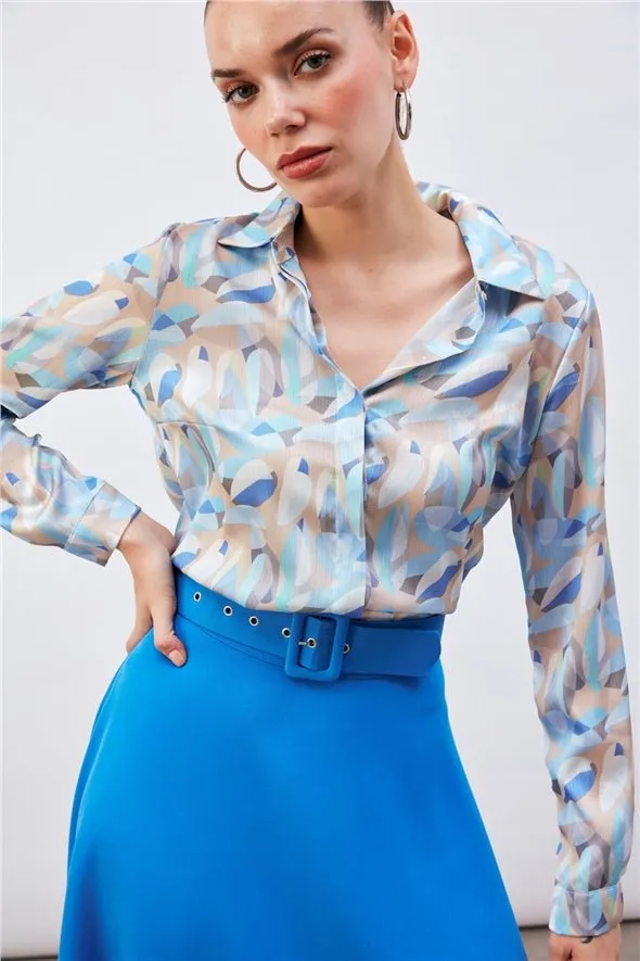 Patterned Satin Silk long button down Shirt - Baby Blue-Multi