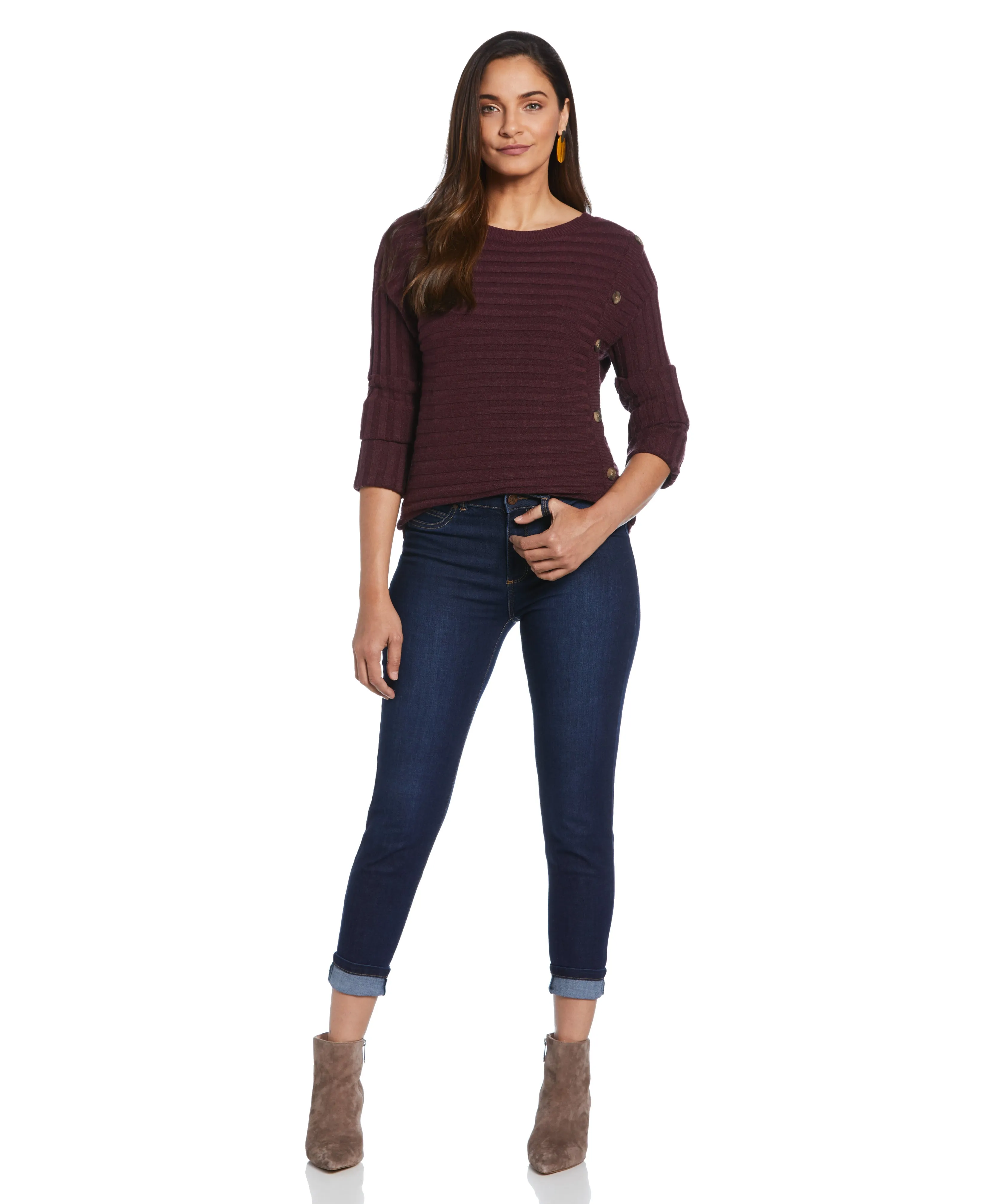 Petite Ribbed Sweater with Button Detail