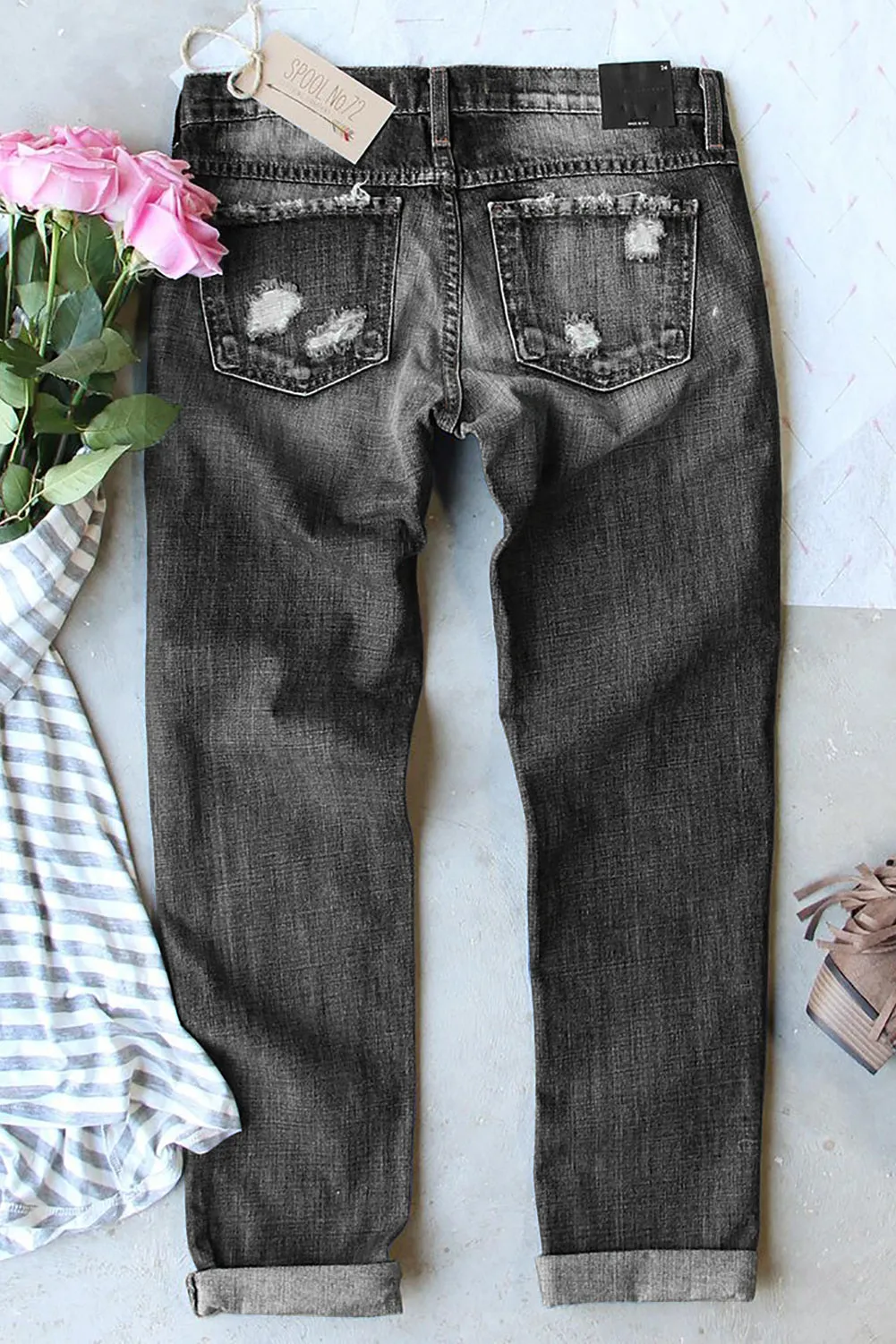 Ripped Distressed Skinny Jean Floral Print Denim Pants for Women