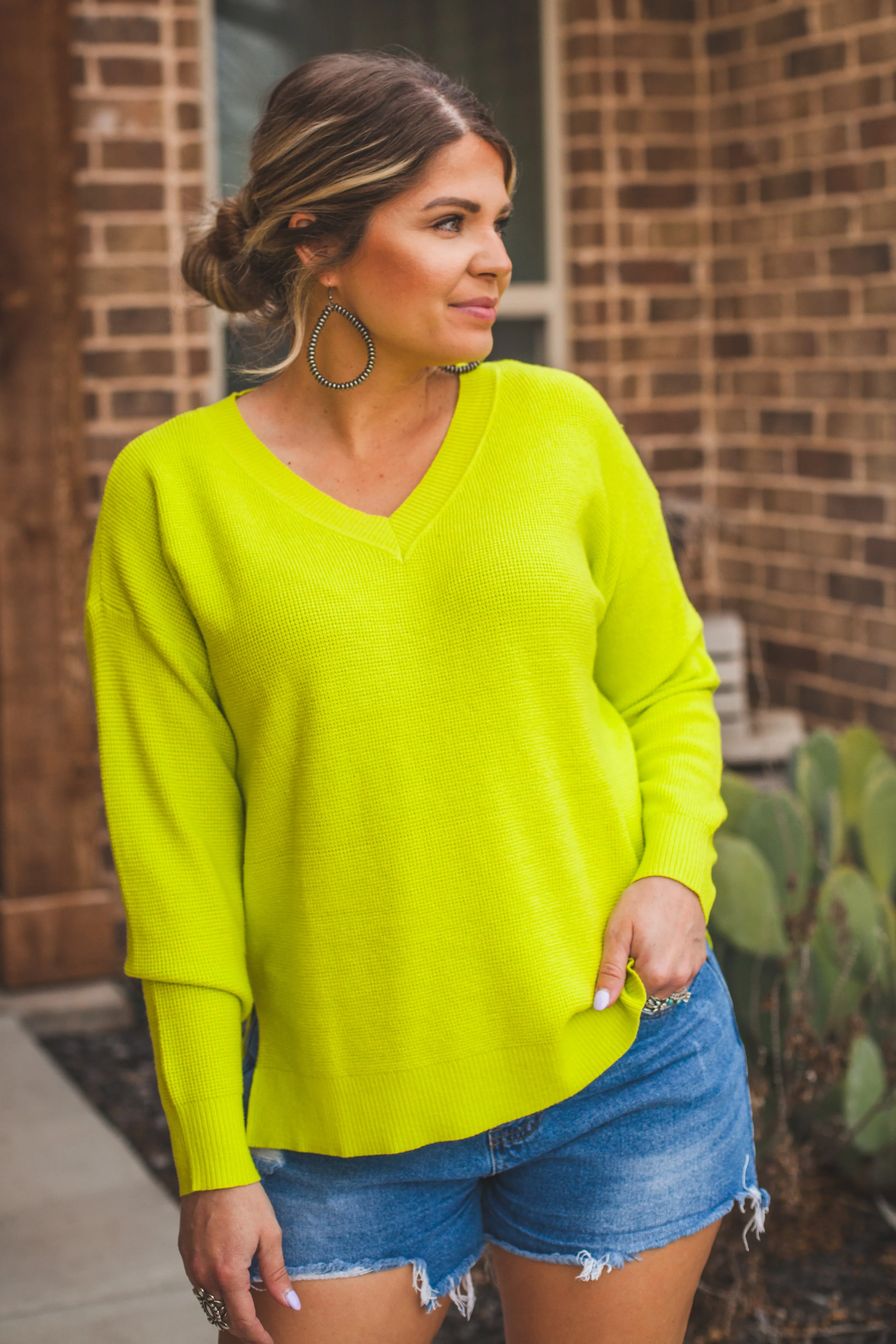 V-Neck Sweater in Lime Green